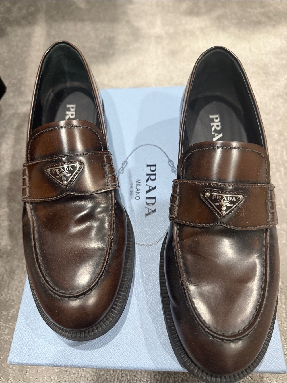 Prada Brown Leather Classic Penny Loafers with Triangle Plaque